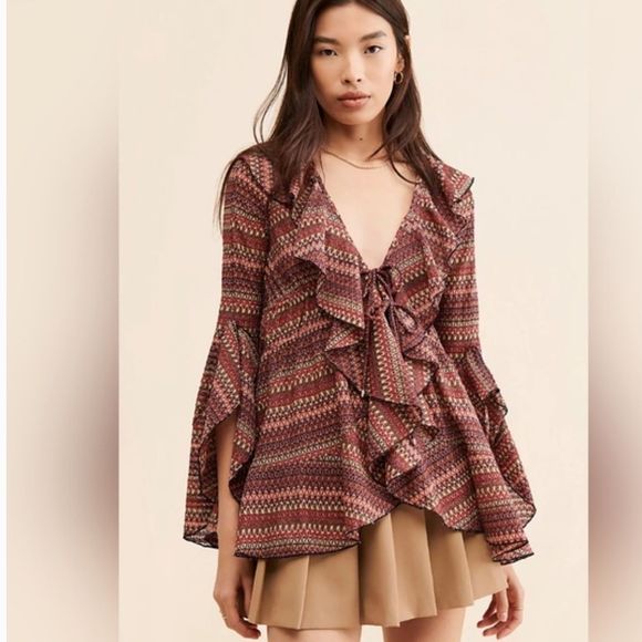 Free People Tops - FP Free People Palma Ruffle Top Zig Zag Tie Front Blouse Boho